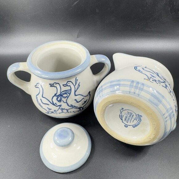 LOUISVILLE Stoneware Sugar Bowl Creamer Set Gaggle of Geese Pottery Set 2 USA - Picture 12 of 15